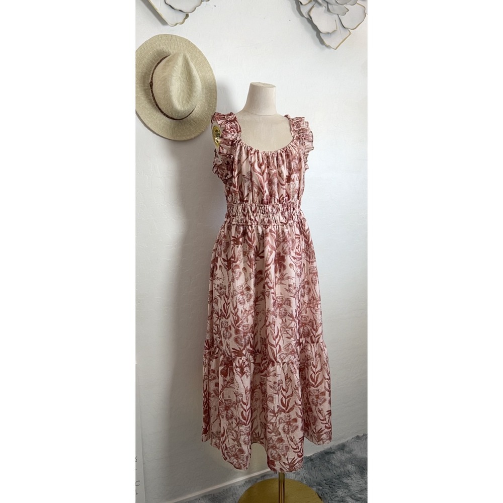 MELLODAY garden floral maxi sun pink red dress L regency cottage core boho chic - Picture 3 of 16
